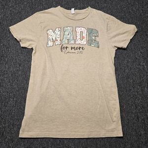 Love In Faith Women’s T‑Shirt M Beige Made for More Ephesians 2:10 Christian Tee
